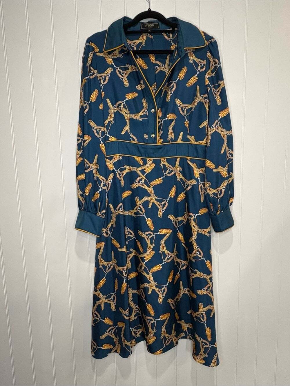 Besionia Milano 100%Mulberry Silk Bridle Print Equestrian Midi Dress Old Money M - Picture 3 of 11
